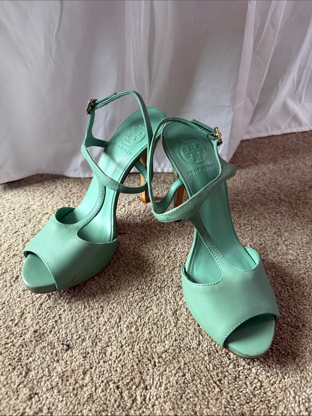 Tory Burch Mint Green T-Strap Peep-Toe Sandals